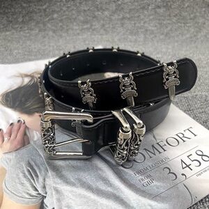 Black Leather Belts with Silver Skull Embellishments